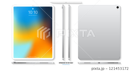 tablet mockup in white color with colorful screen front, back and side on white background. stock vector illustration eps10 121453172