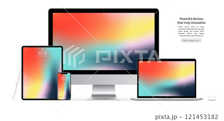 mockup devices and gadgets: stylus, mouse, smartphone, tablet, laptop and computer monitor with colorful screen isolated on white background. stock vector illustration eps10 mockup devices and gadgets: stylus, mouse, smartphone, tablet, laptop and computer monitor with colorful screen isolated on white background. stock vector illustration eps10 121453182