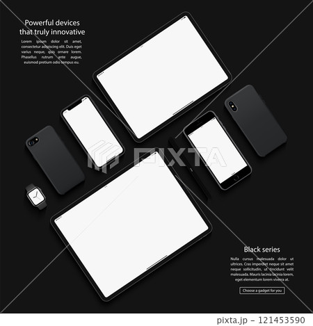 set of smartphones, tablets and smartwatch top view on a black background. gadgets mockup. stock vector illustration 121453590