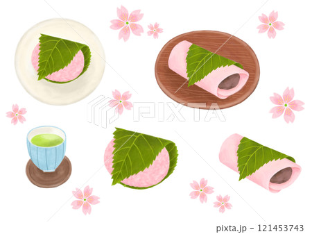色鉛筆タッチの桜餅と桜の花のイラストレーション 121453743