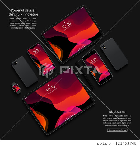 mockup of smartphones, tablets and smartwatch top view on a black background. devices set. stock vector illustration 121453749
