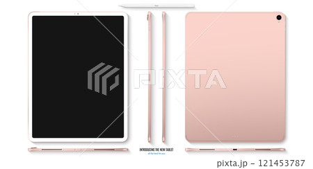 tablet rose gold color with black touch screen front, back and side flat lay isolated on white background. realistic and detailed mockup. stock vector illustration 121453787