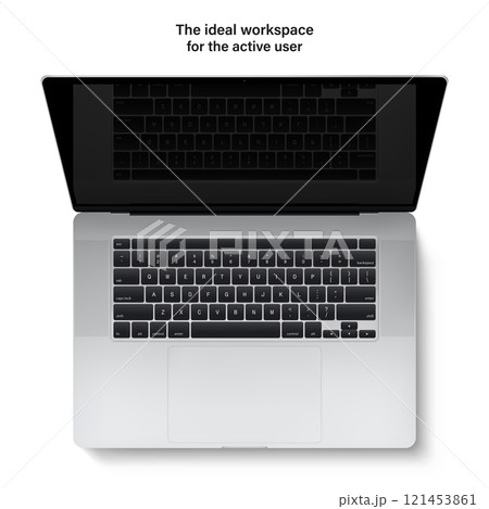 laptop with keyboard and touchpad silver color and black screen flat lay isolated on white background. top view detailed and realistic notebook mockup. stock vector 3d illustration 121453861