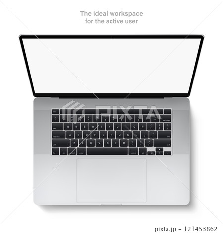laptop with touchpad and keyboard silver color and blank screen top view isolated on white background. flat lay detailed and realistic notebook mockup. stock vector 3d illustration 121453862