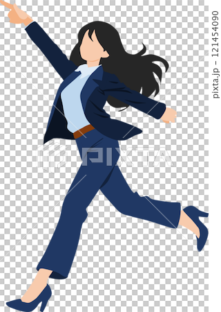 指をさしながら走るビジネスウーマンのイラスト 121454090