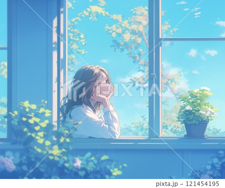 外を眺める女子高生 121454195