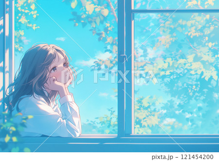 外を眺める女子高生 121454200