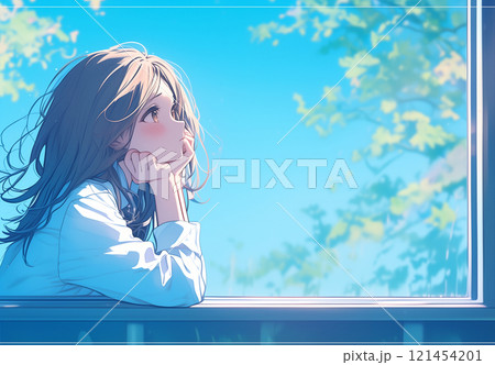 外を眺める女子高生 121454201