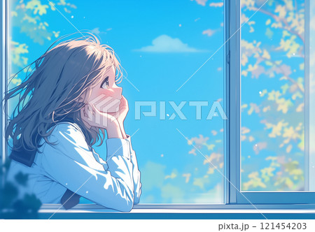 外を眺める女子高生 121454203