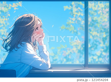 外を眺める女子高生 121454204