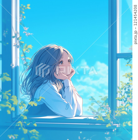 外を眺める女子高生 121454208