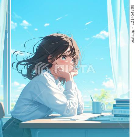 外を眺める女子高生 121454209