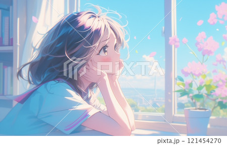外を眺める女子高生 121454270
