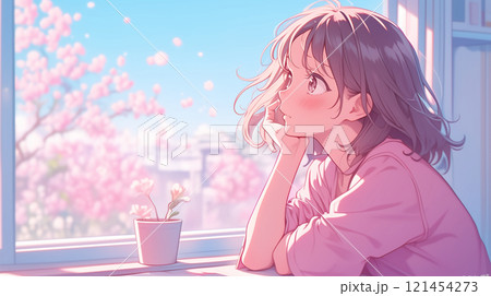 外を眺める女子高生 121454273
