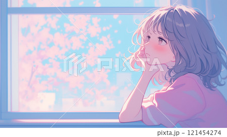 外を眺める女子高生 121454274