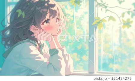 外を眺める女子高生 121454275