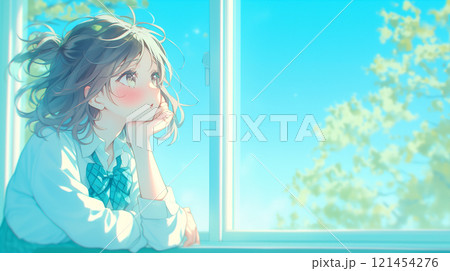 外を眺める女子高生 121454276