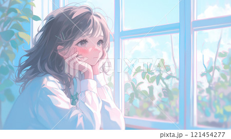 外を眺める女子高生 121454277