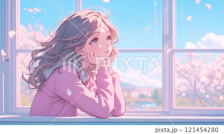 外を眺める女子高生 121454280