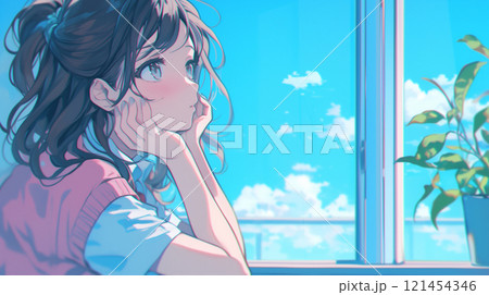 外を眺める女子高生 外を眺める女子高生 121454346