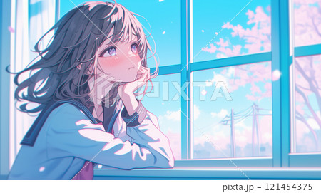 外を眺める女子高生 121454375