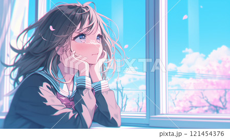 外を眺める女子高生 121454376