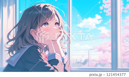 外を眺める女子高生 121454377