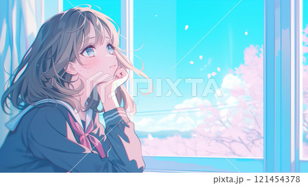 外を眺める女子高生 121454378