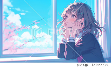 外を眺める女子高生 121454379