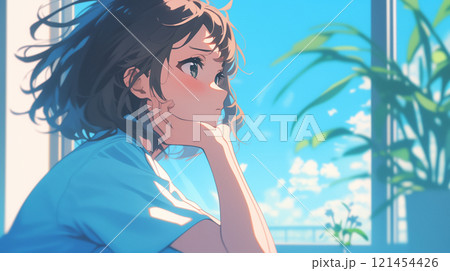 外を眺める女子高生 121454426