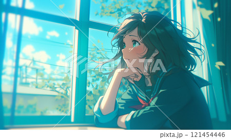 外を眺める女子高生 121454446