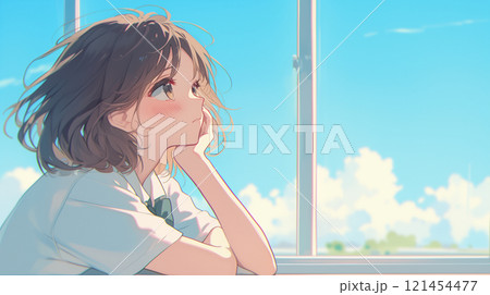 外を眺める女子高生 121454477