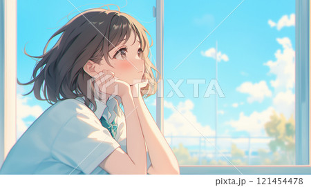 外を眺める女子高生 121454478