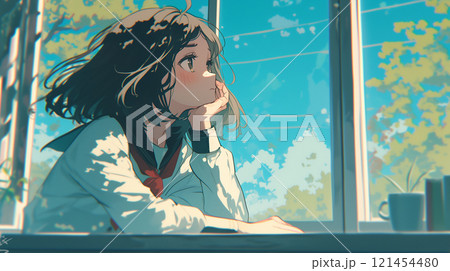外を眺める女子高生 121454480