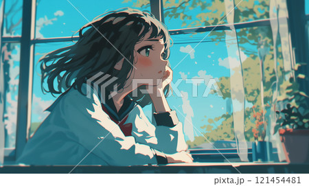 外を眺める女子高生 121454481
