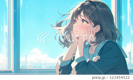 外を眺める女子高生 121454522