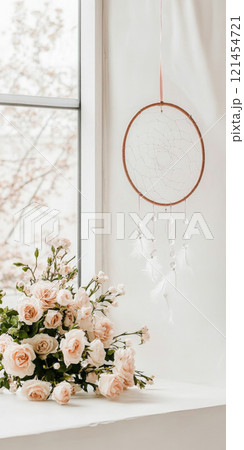 Dreamcatcher hanging in light airy room, boho decor background with copy space Dreamcatcher hanging in light airy room, boho decor background with copy space 121454721
