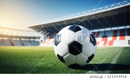 soccer ball in front of blured big modern stadium with copyspace 121454958