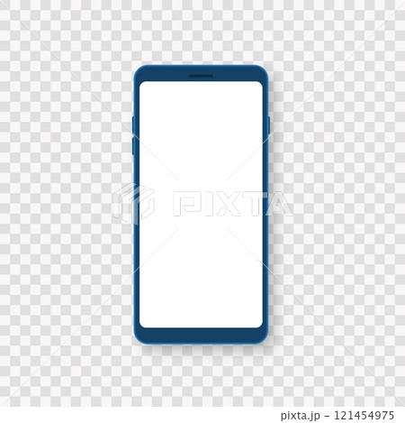 Blue smartphone on transparent background. Mobile phone mockup with white screen. Blue cell phone frame. Vector 121454975