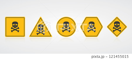Icon with skull danger sign. Warning danger yellow sign. Various shape yellow signs. Vector Icon with skull danger sign. Warning danger yellow sign. Various shape yellow signs. Vector 121455015