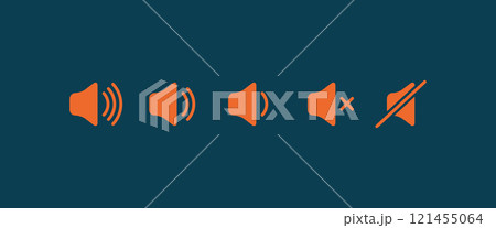 Sound volume flat icon. Sign for increases and reduces loud sound. Set of orange volume level icons on blue background 121455064