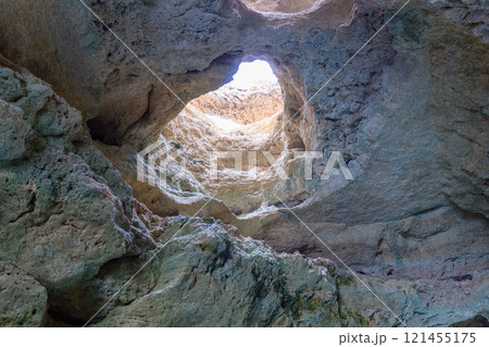 Sunlight Through the Algarve Sea Cave, Portugal at Dusk. 121455175