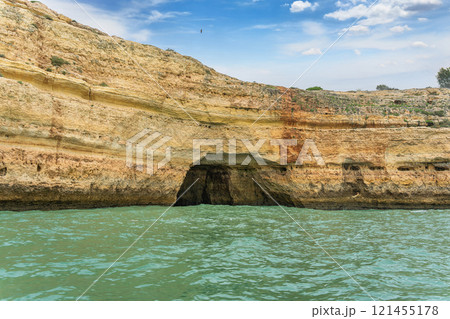 Majestic Coastal Cliffs and Sea Caves in Algarve, Portugal. 121455178