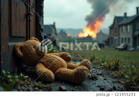 A teddy bear lies abandoned on the ground outside a doorway, while flames engulf houses in the background. Smoke rises ominously in the distance, creating a haunting atmosphere of destruction. 121455233