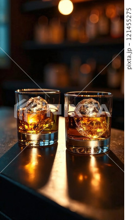 Two elegant glasses containing whiskey with large ice spheres sit on a bar counter. Soft lighting creates a warm atmosphere, perfect for relaxing after a long day. 121455275