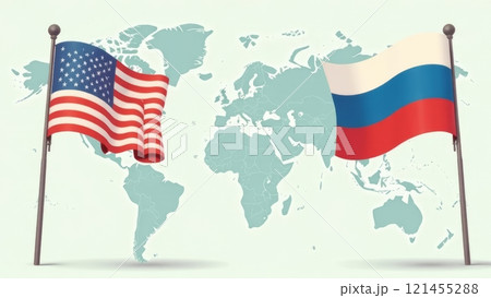 The flags of the United States and Russia are prominently displayed on either side of a light blue world map. 121455288