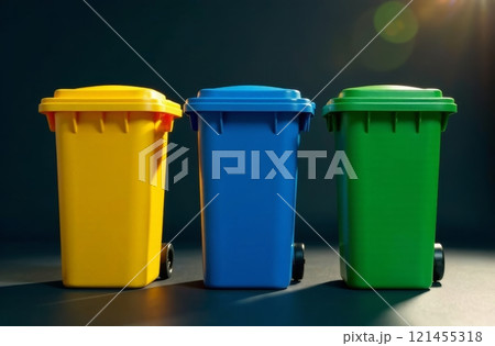 Three brightly colored bins sit side by side on a dark background, highlighting the importance of recycling. The bins are yellow, blue, and green, each designed for different waste types. 121455318
