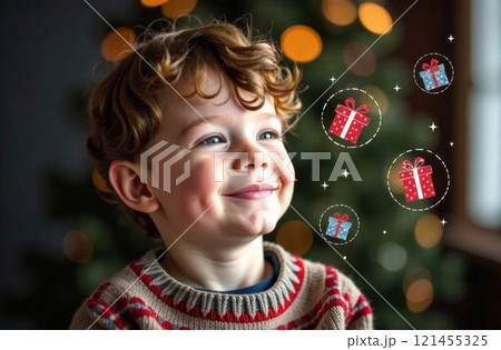 A cheerful young boy smiles broadly while envisioning colorful gifts. The warm ambiance of holiday lights in the background enhances the joyful mood of the moment. 121455325