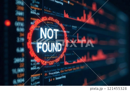 A computer screen shows an alert indicating 'Not Found', surrounded by graphs and logs. 121455328