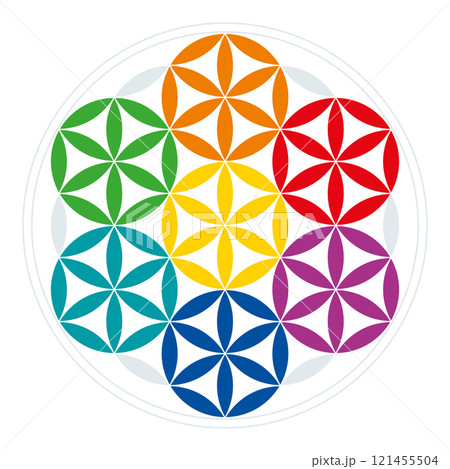 Seven spheres in the Flower of Life. Multicolored circles of 12 petals each, obtained from the Flower of Life, a geometric figure of overlapping circles, forming a flower like pattern. Sacred geometry 121455504